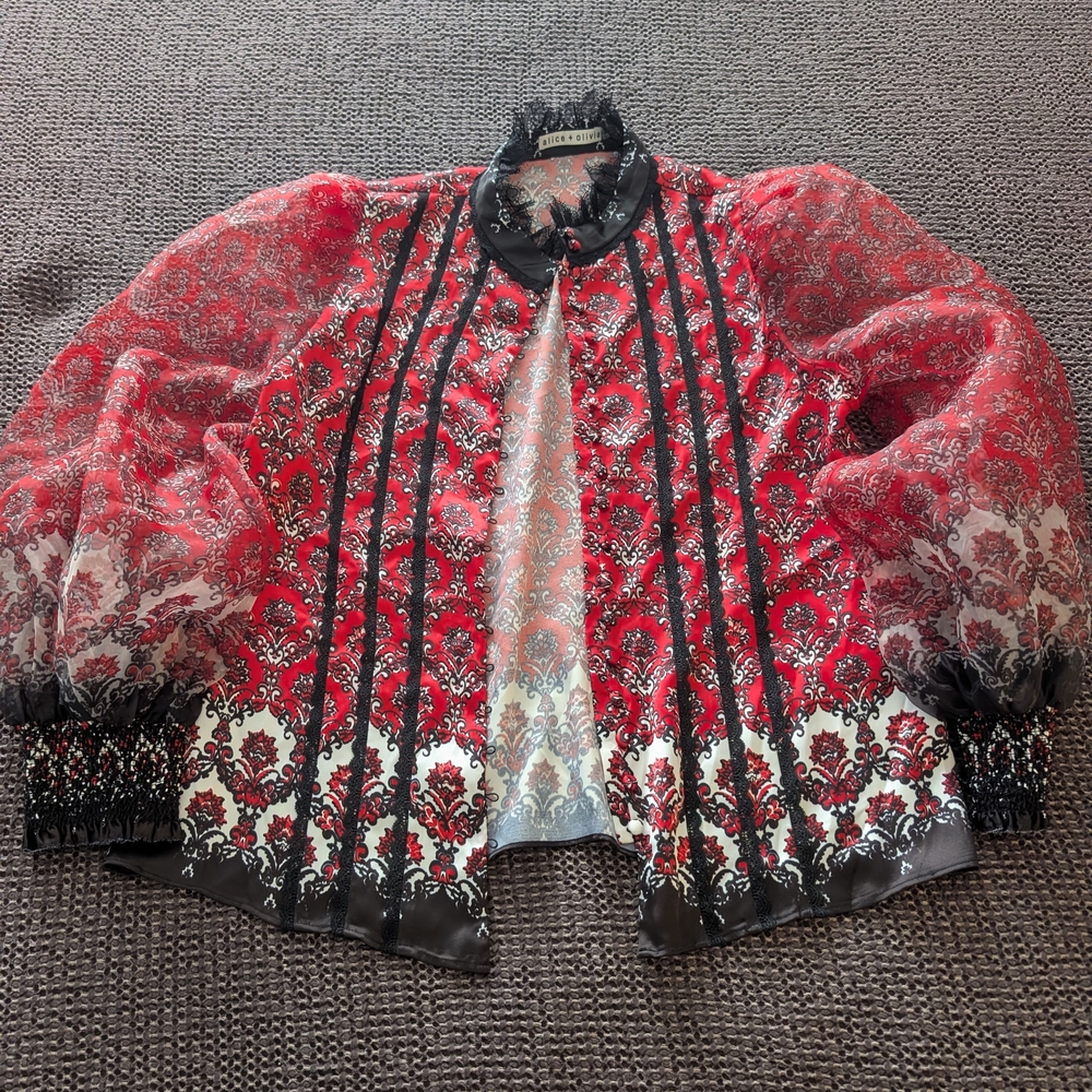 Alice + Olivia Red and Black Floral Sheer Blouse - Picture 2 of 6